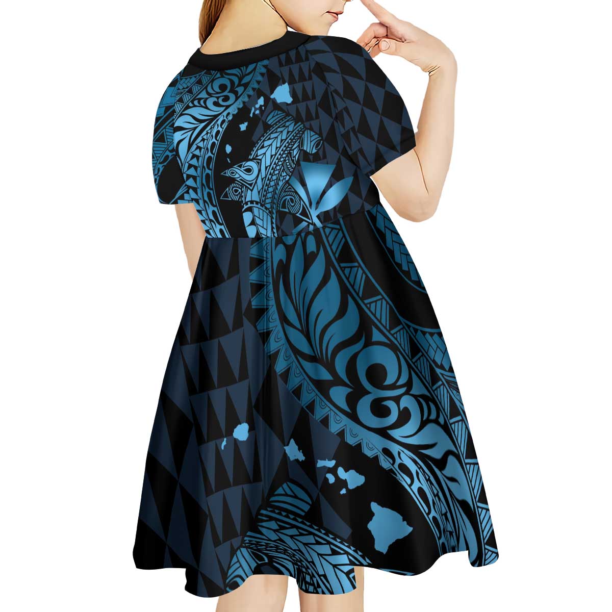 Aloha Hawaii Hammerhead Shark Kid Short Sleeve Dress Blue Kakau and Polynesian Tattoo LT03