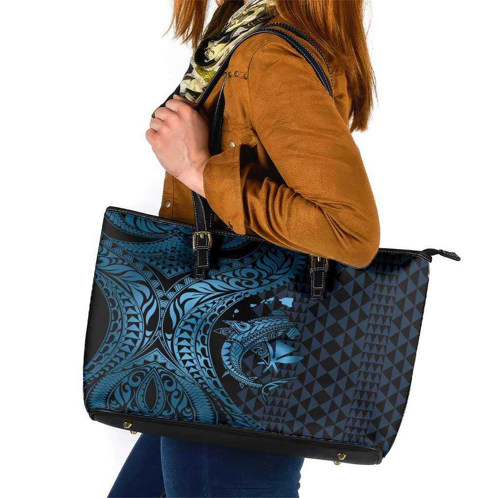 Aloha Hawaii Hammerhead Shark Leather Tote Bag Blue Kakau and Polynesian Tattoo LT03