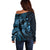 Aloha Hawaii Hammerhead Shark Off Shoulder Sweater Blue Kakau and Polynesian Tattoo LT03