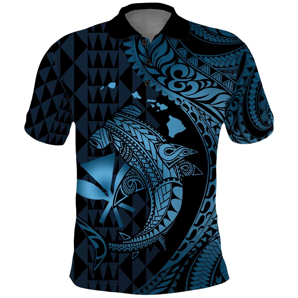 Aloha Hawaii Hammerhead Shark Polo Shirt Blue Kakau and Polynesian Tattoo LT03