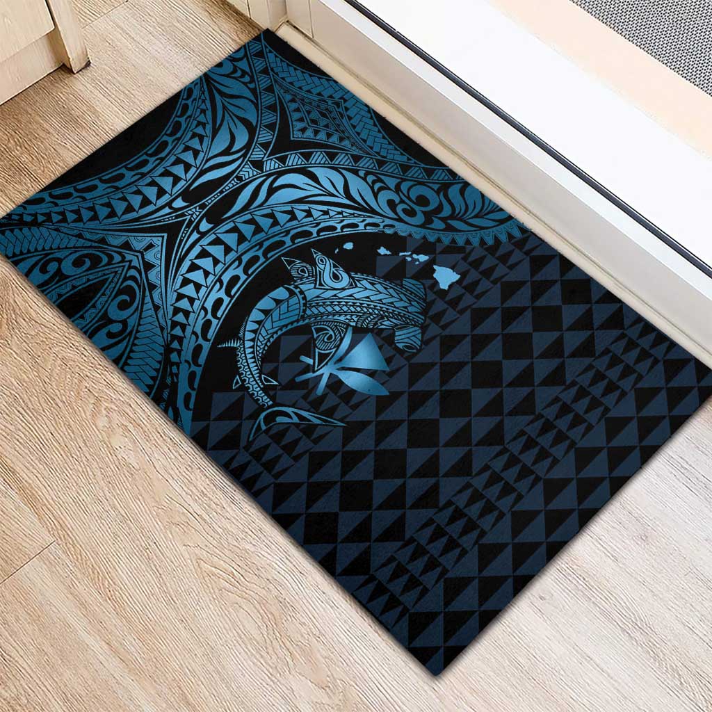 Aloha Hawaii Hammerhead Shark Rubber Doormat Blue Kakau and Polynesian Tattoo LT03