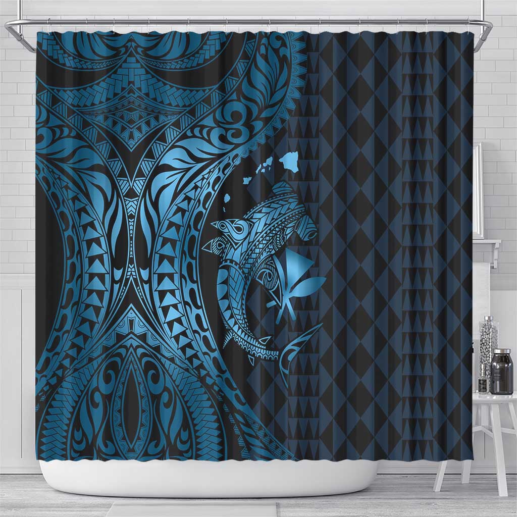 Aloha Hawaii Hammerhead Shark Shower Curtain Blue Kakau and Polynesian Tattoo LT03