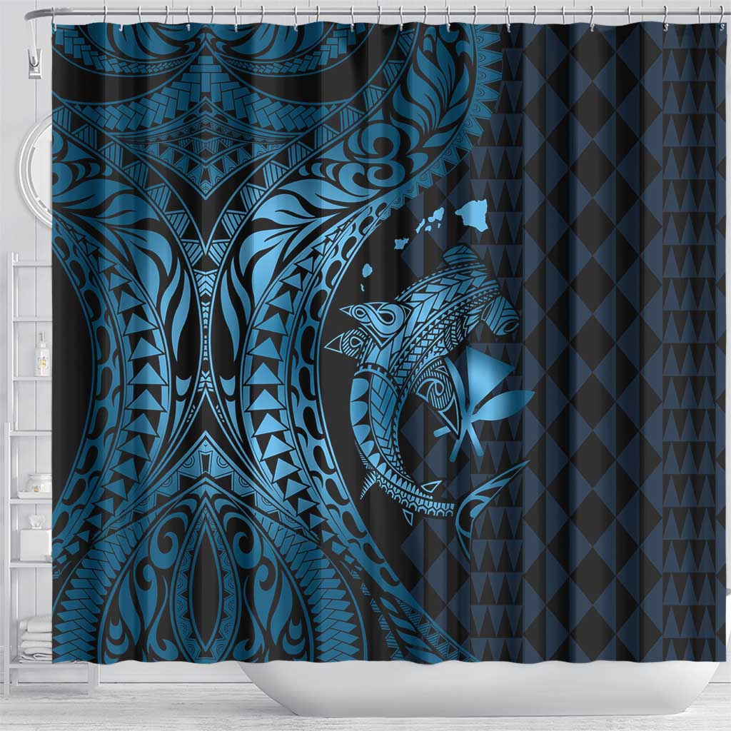Aloha Hawaii Hammerhead Shark Shower Curtain Blue Kakau and Polynesian Tattoo LT03