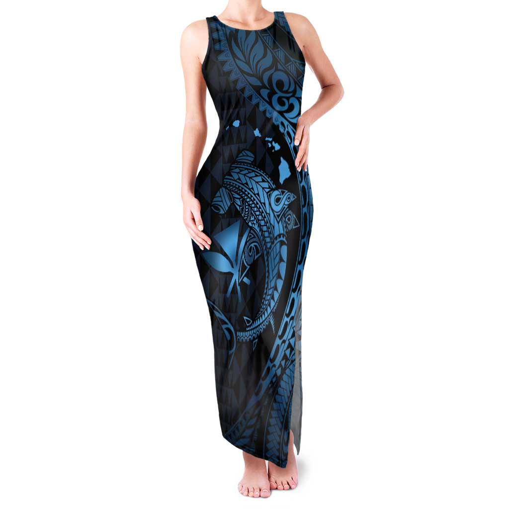 Aloha Hawaii Hammerhead Shark Tank Maxi Dress Blue Kakau and Polynesian Tattoo LT03