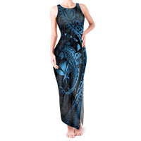 Aloha Hawaii Hammerhead Shark Tank Maxi Dress Blue Kakau and Polynesian Tattoo LT03