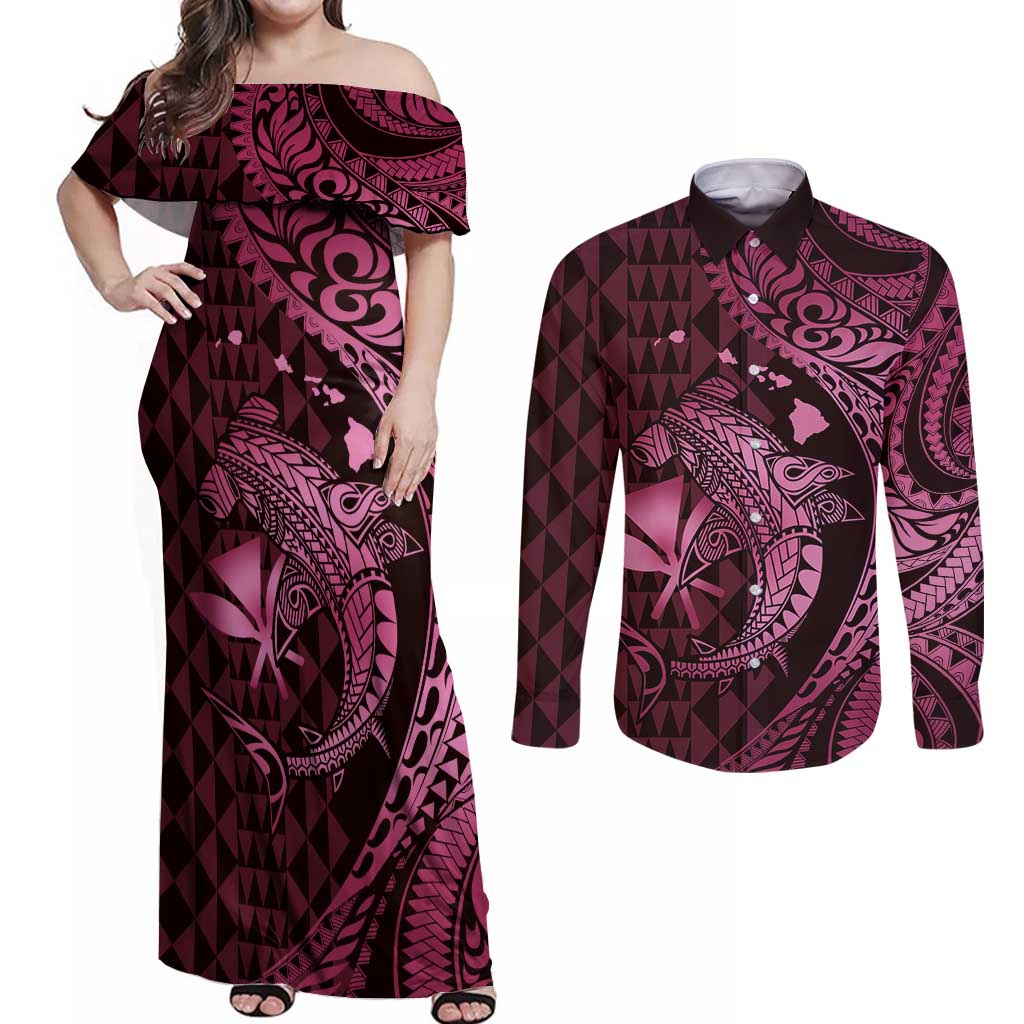 Aloha Hawaii Hammerhead Shark Couples Matching Off Shoulder Maxi Dress and Long Sleeve Button Shirt Pink Kakau and Polynesian Tattoo LT03