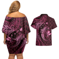 Aloha Hawaii Hammerhead Shark Couples Matching Off Shoulder Short Dress and Hawaiian Shirt Pink Kakau and Polynesian Tattoo LT03
