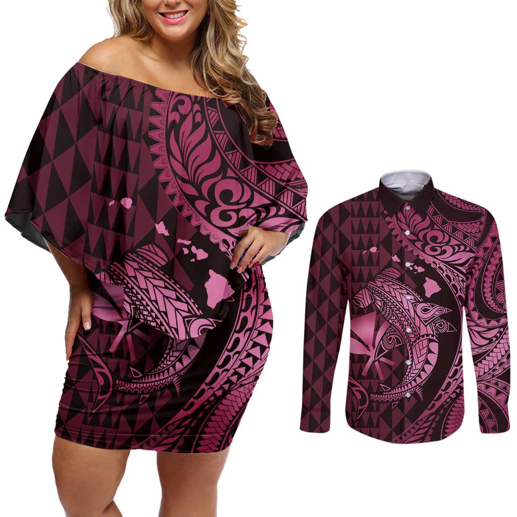Aloha Hawaii Hammerhead Shark Couples Matching Off Shoulder Short Dress and Long Sleeve Button Shirt Pink Kakau and Polynesian Tattoo LT03