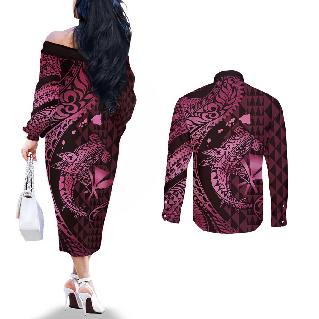 Aloha Hawaii Hammerhead Shark Couples Matching Off The Shoulder Long Sleeve Dress and Long Sleeve Button Shirt Pink Kakau and Polynesian Tattoo LT03