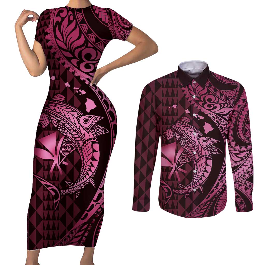 Aloha Hawaii Hammerhead Shark Couples Matching Short Sleeve Bodycon Dress and Long Sleeve Button Shirt Pink Kakau and Polynesian Tattoo LT03
