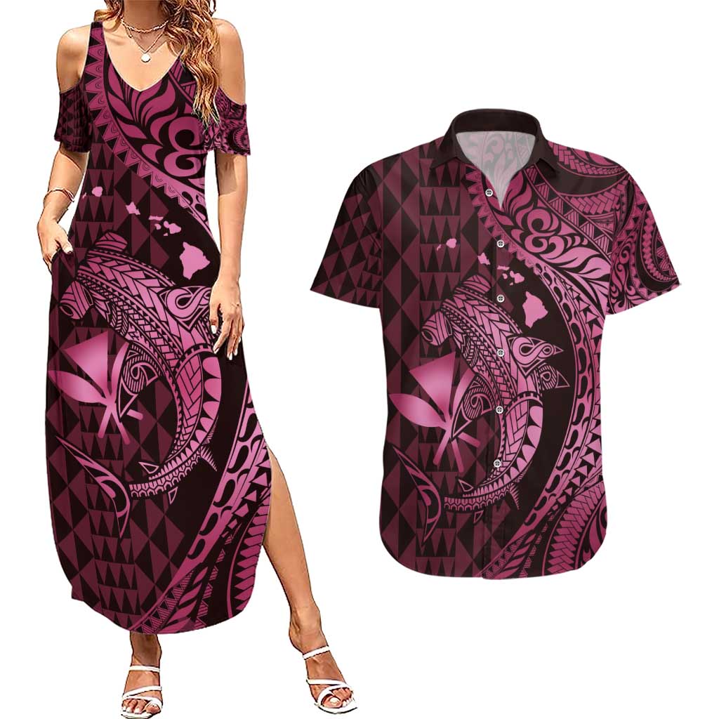 Aloha Hawaii Hammerhead Shark Couples Matching Summer Maxi Dress and Hawaiian Shirt Pink Kakau and Polynesian Tattoo LT03