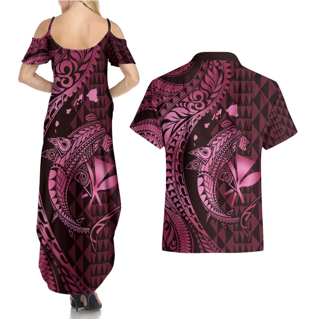Aloha Hawaii Hammerhead Shark Couples Matching Summer Maxi Dress and Hawaiian Shirt Pink Kakau and Polynesian Tattoo LT03