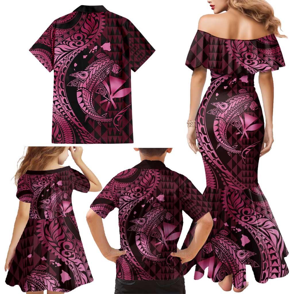 Aloha Hawaii Hammerhead Shark Family Matching Mermaid Dress and Hawaiian Shirt Pink Kakau and Polynesian Tattoo LT03