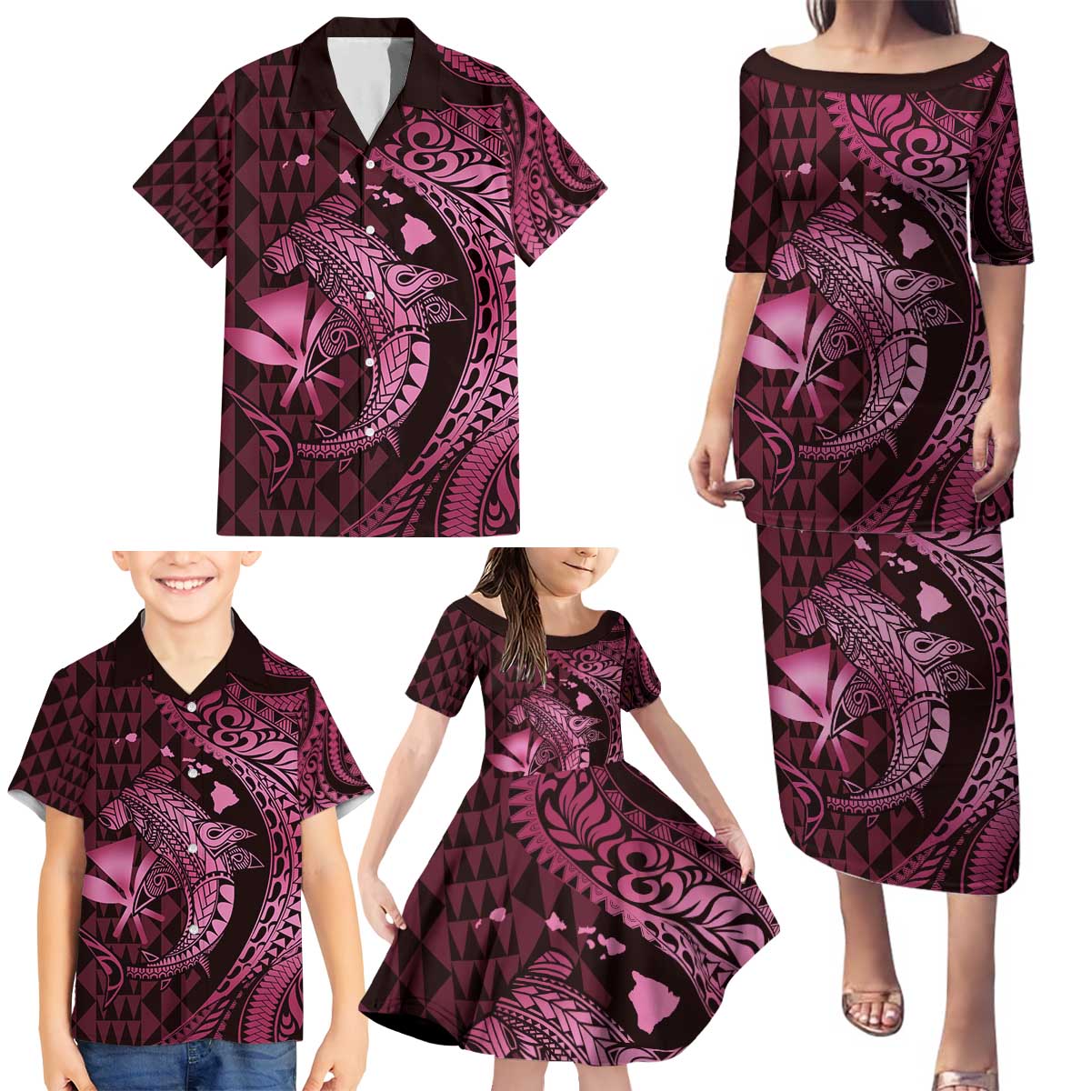 Aloha Hawaii Hammerhead Shark Family Matching Puletasi and Hawaiian Shirt Pink Kakau and Polynesian Tattoo LT03 - Polynesian Pride