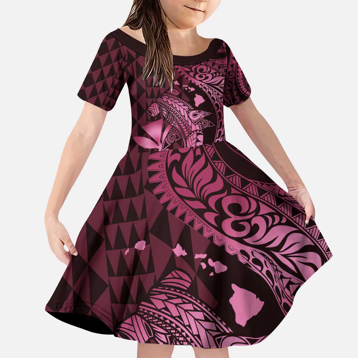 Aloha Hawaii Hammerhead Shark Kid Short Sleeve Dress Pink Kakau and Polynesian Tattoo LT03