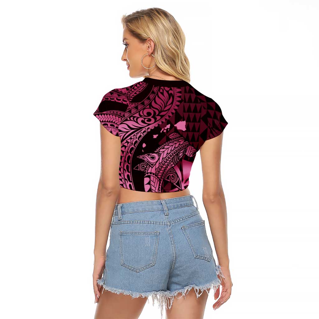 Aloha Hawaii Hammerhead Shark Raglan Cropped T Shirt Pink Kakau and Polynesian Tattoo LT03
