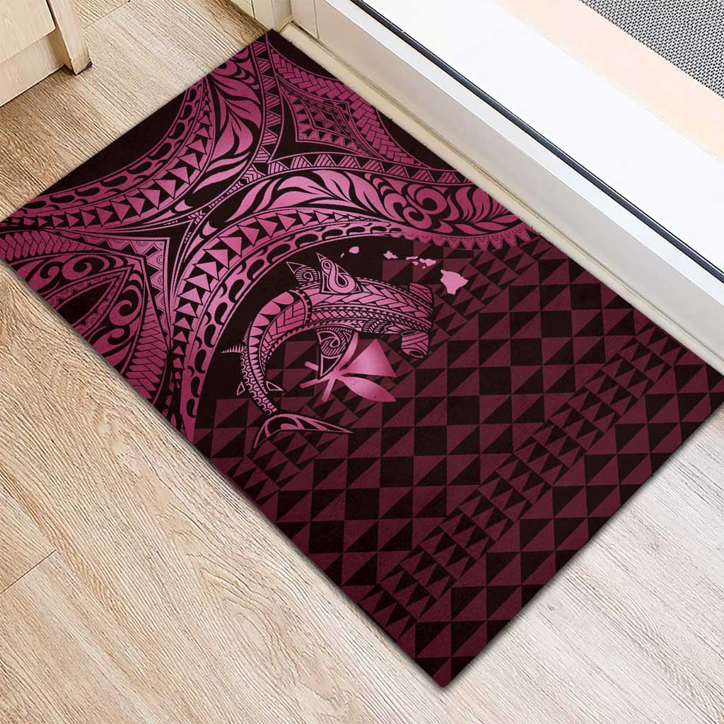 Aloha Hawaii Hammerhead Shark Rubber Doormat Pink Kakau and Polynesian Tattoo LT03