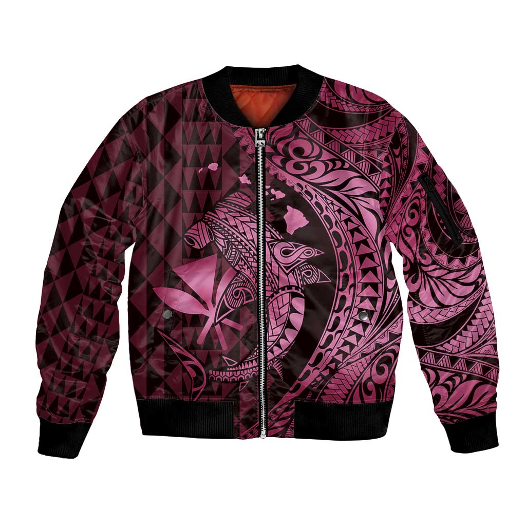 Aloha Hawaii Hammerhead Shark Sleeve Zip Bomber Jacket Pink Kakau and Polynesian Tattoo LT03