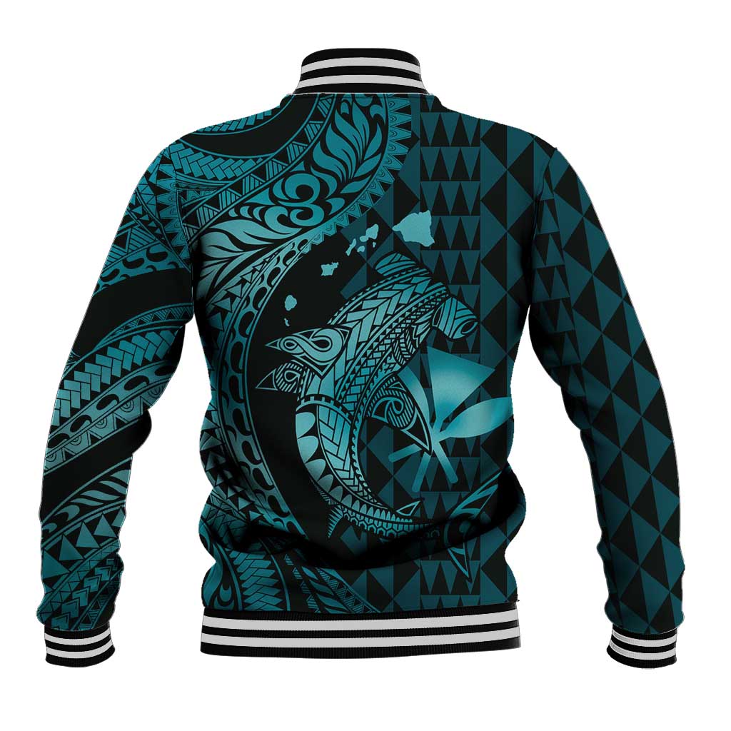 Aloha Hawaii Hammerhead Shark Baseball Jacket Turquoise Kakau and Polynesian Tattoo LT03