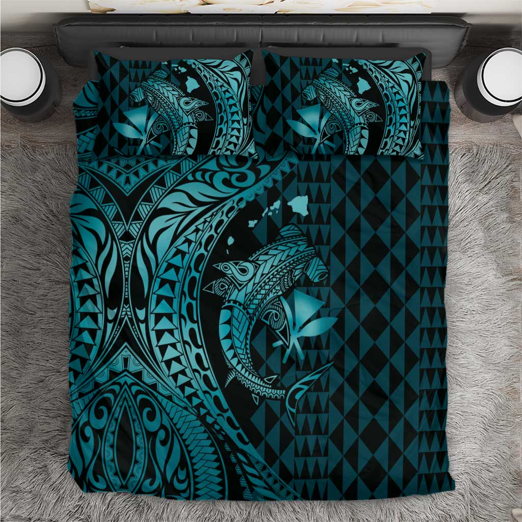 Aloha Hawaii Hammerhead Shark Bedding Set Turquoise Kakau and Polynesian Tattoo LT03