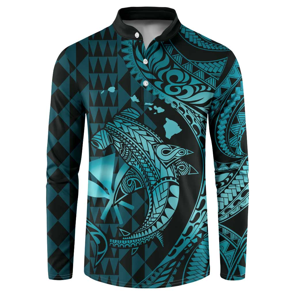 Aloha Hawaii Hammerhead Shark Button Sweatshirt Turquoise Kakau and Polynesian Tattoo LT03
