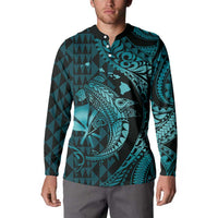 Aloha Hawaii Hammerhead Shark Button Sweatshirt Turquoise Kakau and Polynesian Tattoo LT03