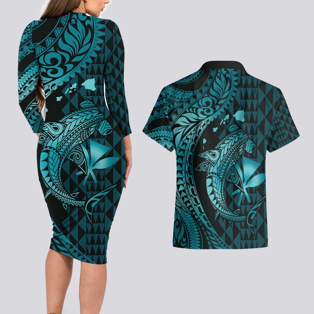 Aloha Hawaii Hammerhead Shark Couples Matching Long Sleeve Bodycon Dress and Hawaiian Shirt Turquoise Kakau and Polynesian Tattoo LT03