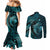 Aloha Hawaii Hammerhead Shark Couples Matching Mermaid Dress and Long Sleeve Button Shirt Turquoise Kakau and Polynesian Tattoo LT03