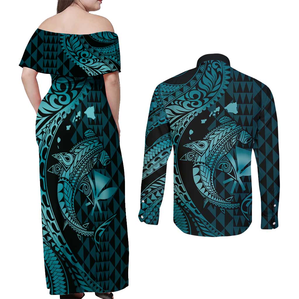 Aloha Hawaii Hammerhead Shark Couples Matching Off Shoulder Maxi Dress and Long Sleeve Button Shirt Turquoise Kakau and Polynesian Tattoo LT03