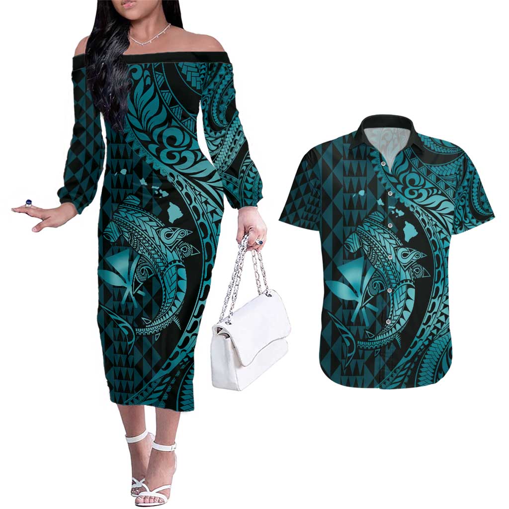 Aloha Hawaii Hammerhead Shark Couples Matching Off The Shoulder Long Sleeve Dress and Hawaiian Shirt Turquoise Kakau and Polynesian Tattoo LT03
