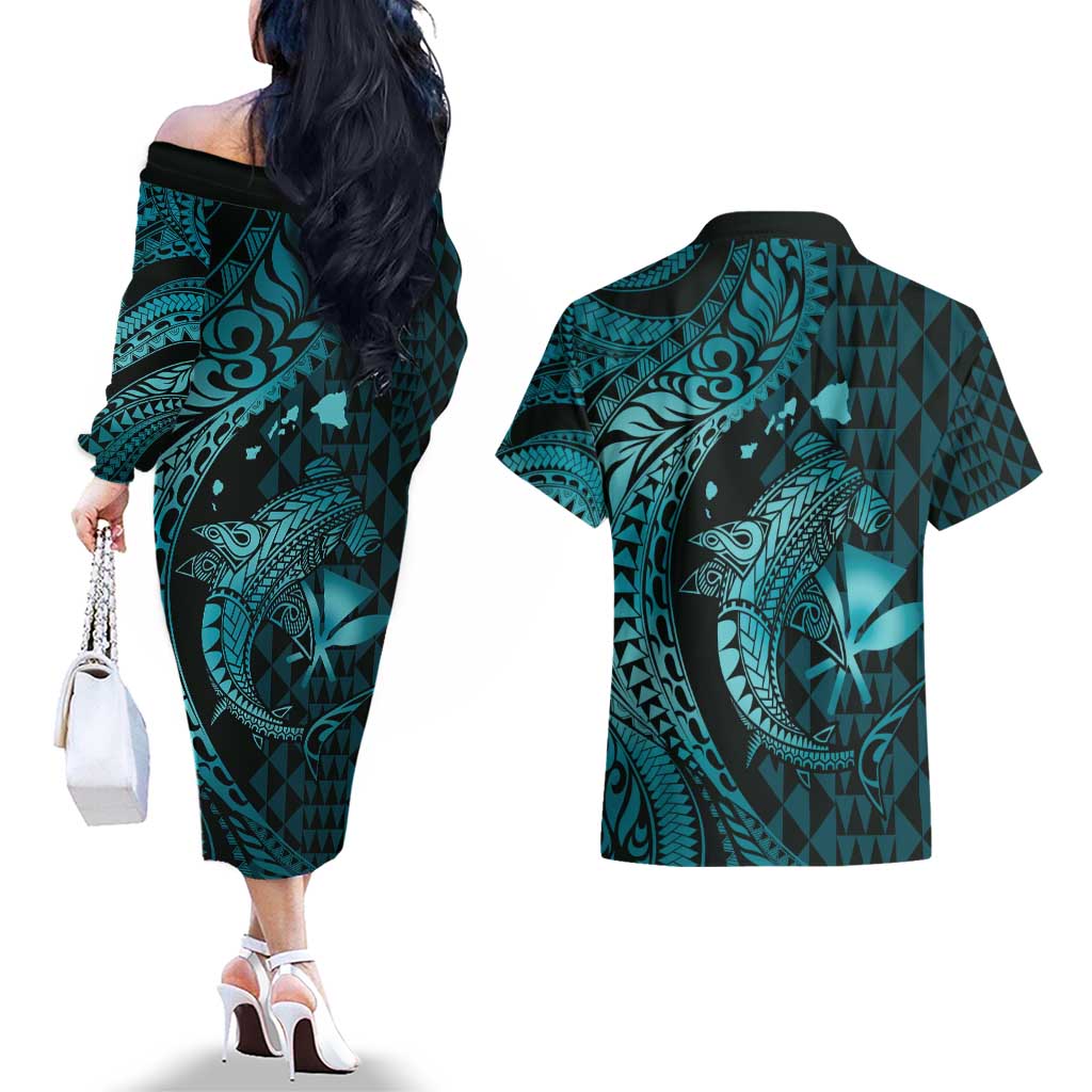 Aloha Hawaii Hammerhead Shark Couples Matching Off The Shoulder Long Sleeve Dress and Hawaiian Shirt Turquoise Kakau and Polynesian Tattoo LT03
