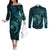 Aloha Hawaii Hammerhead Shark Couples Matching Off The Shoulder Long Sleeve Dress and Long Sleeve Button Shirt Turquoise Kakau and Polynesian Tattoo LT03