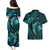Aloha Hawaii Hammerhead Shark Couples Matching Puletasi and Hawaiian Shirt Turquoise Kakau and Polynesian Tattoo LT03
