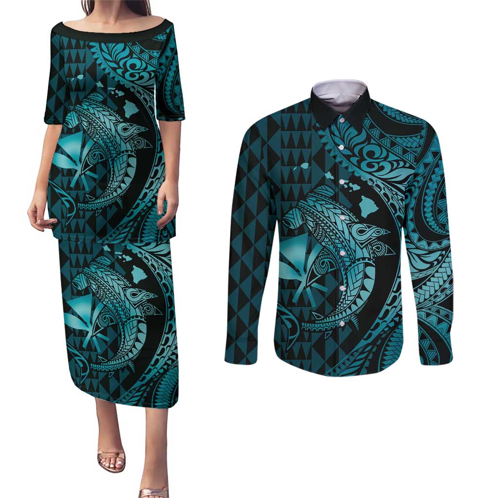 Aloha Hawaii Hammerhead Shark Couples Matching Puletasi and Long Sleeve Button Shirt Turquoise Kakau and Polynesian Tattoo LT03