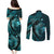 Aloha Hawaii Hammerhead Shark Couples Matching Puletasi and Long Sleeve Button Shirt Turquoise Kakau and Polynesian Tattoo LT03