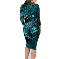 Aloha Hawaii Hammerhead Shark Family Matching Long Sleeve Bodycon Dress and Hawaiian Shirt Turquoise Kakau and Polynesian Tattoo LT03