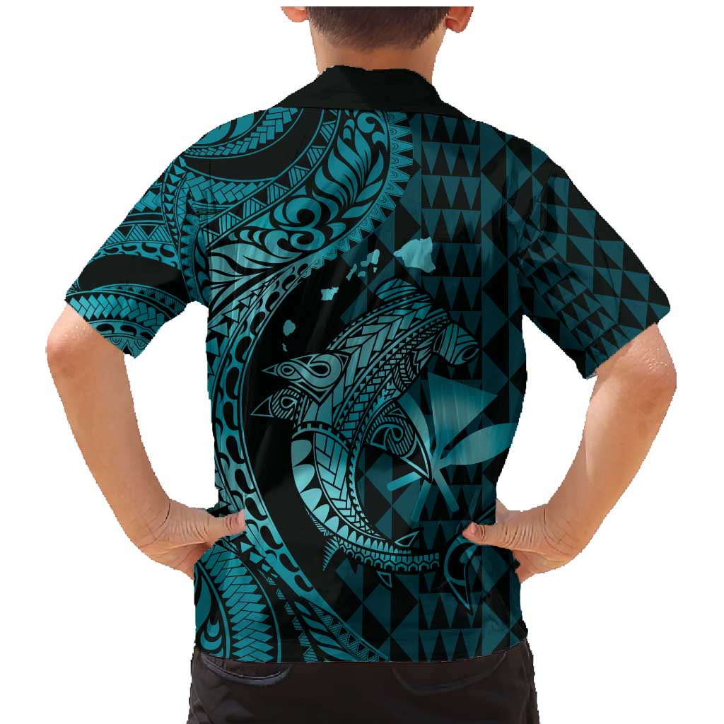 Aloha Hawaii Hammerhead Shark Family Matching Mermaid Dress and Hawaiian Shirt Turquoise Kakau and Polynesian Tattoo LT03
