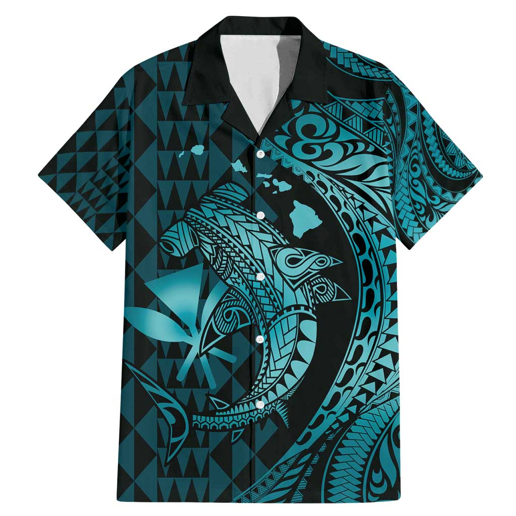 Aloha Hawaii Hammerhead Shark Family Matching Mermaid Dress and Hawaiian Shirt Turquoise Kakau and Polynesian Tattoo LT03