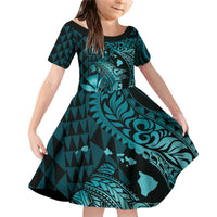 Aloha Hawaii Hammerhead Shark Family Matching Off Shoulder Short Dress and Hawaiian Shirt Turquoise Kakau and Polynesian Tattoo LT03