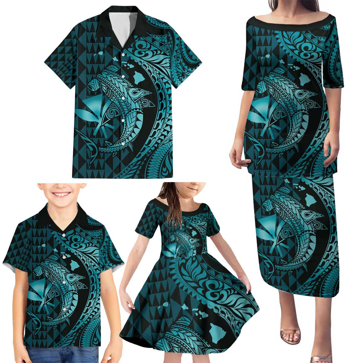 Aloha Hawaii Hammerhead Shark Family Matching Puletasi and Hawaiian Shirt Turquoise Kakau and Polynesian Tattoo LT03 - Polynesian Pride