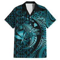 Aloha Hawaii Hammerhead Shark Family Matching Puletasi and Hawaiian Shirt Turquoise Kakau and Polynesian Tattoo LT03 Dad's Shirt - Short Sleeve Turquoise - Polynesian Pride