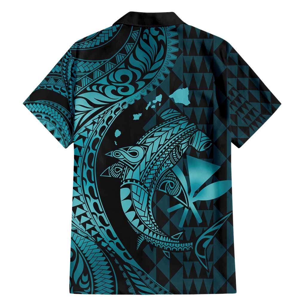 Aloha Hawaii Hammerhead Shark Family Matching Short Sleeve Bodycon Dress and Hawaiian Shirt Turquoise Kakau and Polynesian Tattoo LT03