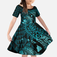 Aloha Hawaii Hammerhead Shark Family Matching Summer Maxi Dress and Hawaiian Shirt Turquoise Kakau and Polynesian Tattoo LT03 Daughter's Dress Turquoise - Polynesian Pride