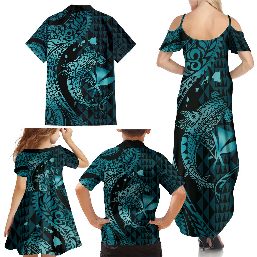 Aloha Hawaii Hammerhead Shark Family Matching Summer Maxi Dress and Hawaiian Shirt Turquoise Kakau and Polynesian Tattoo LT03 - Polynesian Pride