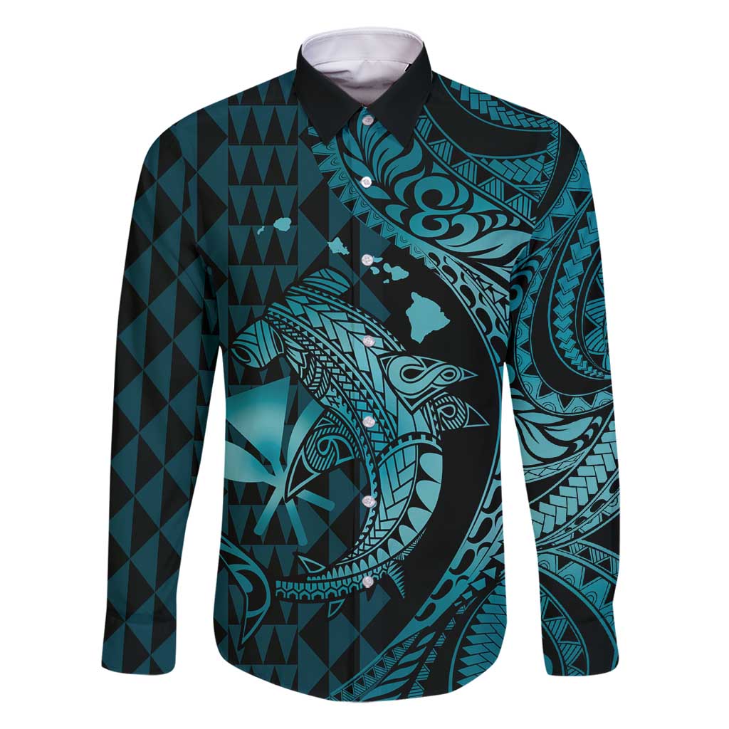 Aloha Hawaii Hammerhead Shark Family Matching Summer Maxi Dress and Hawaiian Shirt Turquoise Kakau and Polynesian Tattoo LT03 Dad's Shirt - Long Sleeve Turquoise - Polynesian Pride