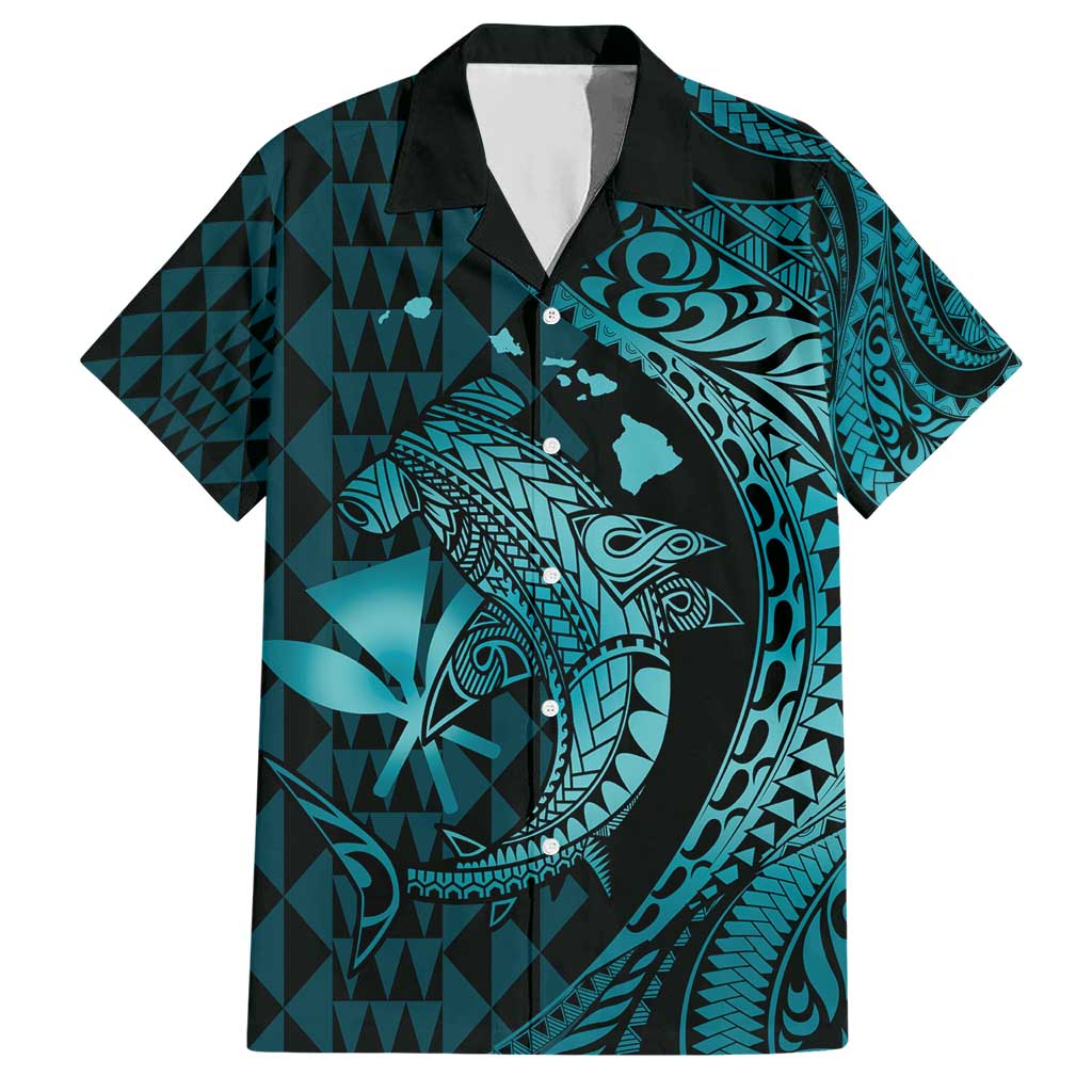 Aloha Hawaii Hammerhead Shark Hawaiian Shirt Turquoise Kakau and Polynesian Tattoo LT03