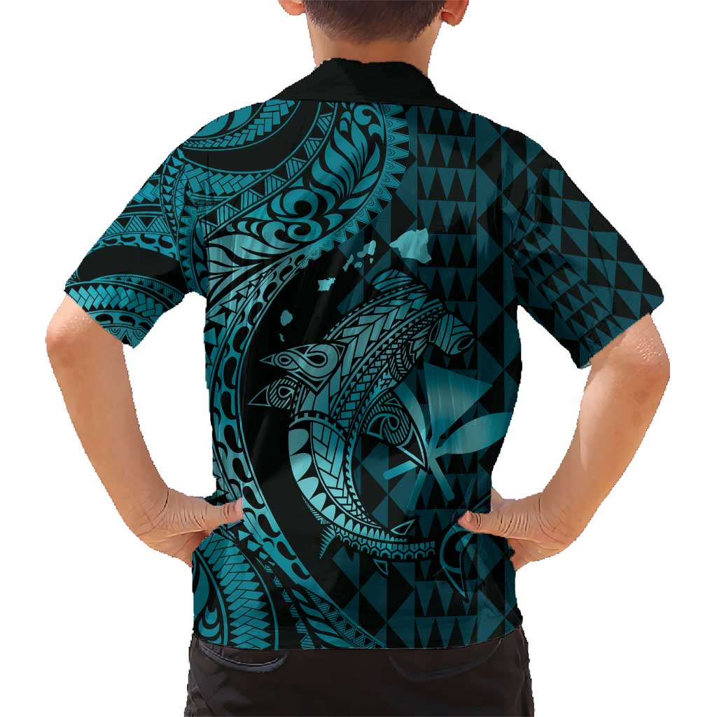 Aloha Hawaii Hammerhead Shark Kid Hawaiian Shirt Turquoise Kakau and Polynesian Tattoo LT03
