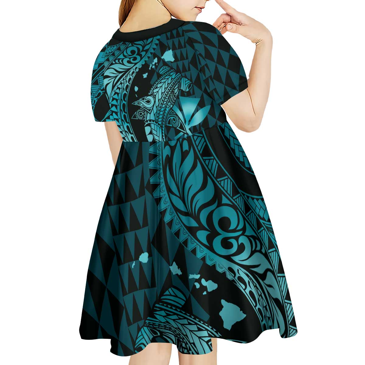 Aloha Hawaii Hammerhead Shark Kid Short Sleeve Dress Turquoise Kakau and Polynesian Tattoo LT03