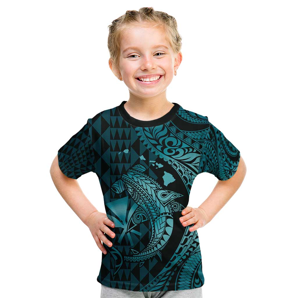 Aloha Hawaii Hammerhead Shark Kid T Shirt Turquoise Kakau and Polynesian Tattoo LT03