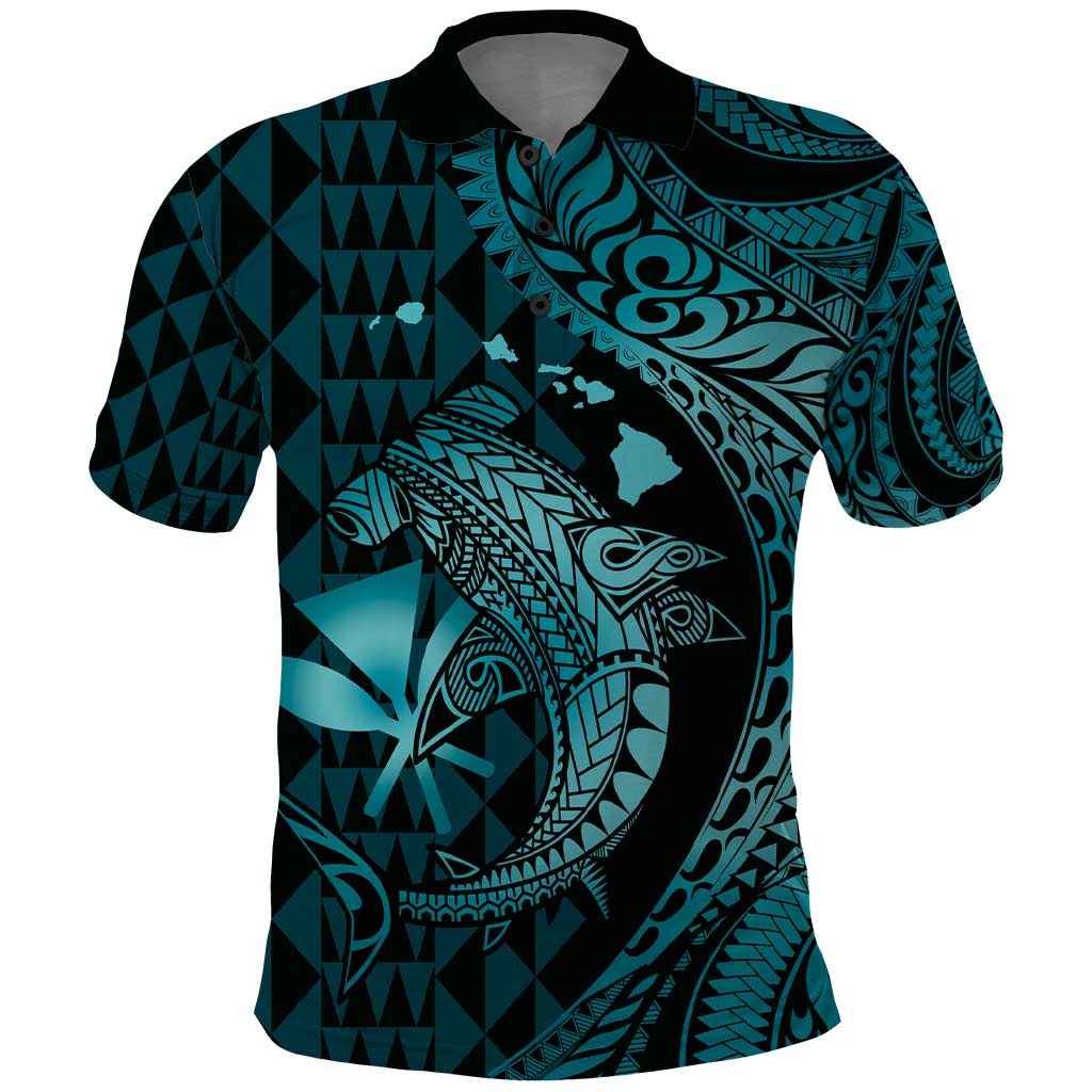 Aloha Hawaii Hammerhead Shark Polo Shirt Turquoise Kakau and Polynesian Tattoo LT03